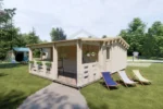 EGLĖ medinis namelis šoniniu kampu su langais ir terasa